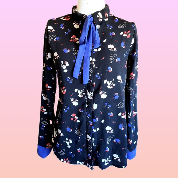 Anthropologie Tops - Black red white blue long sleeve floral blouse